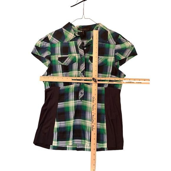 BCBG MAXAZRIA Shirt Button Up Cap Sleeves Pockets Plaid Green Womens Large - Picture 3 of 4
